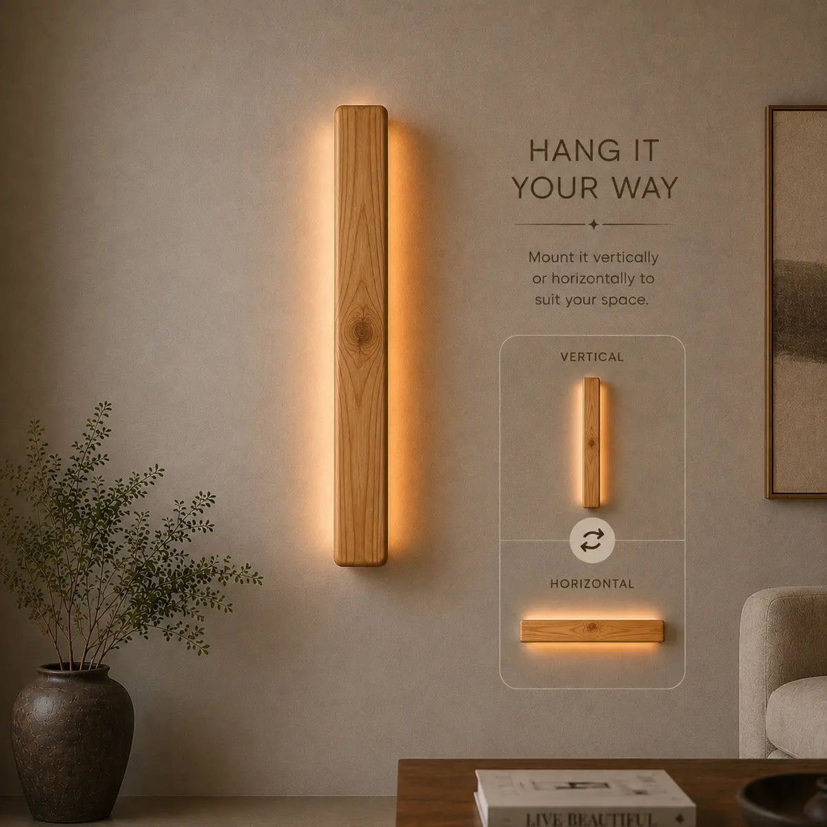Vertical wooden linear LED wall light beside framed art, warm indirect glow — NixWoods