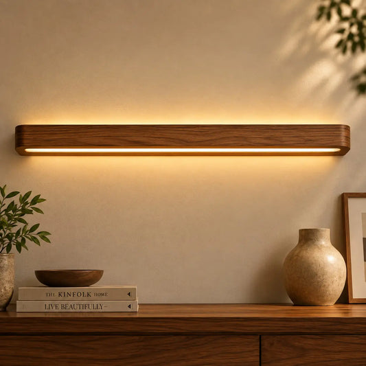 Teak linear wall light glowing warm above a wooden sideboard with books, a bowl and a ceramic vase — NixWoods