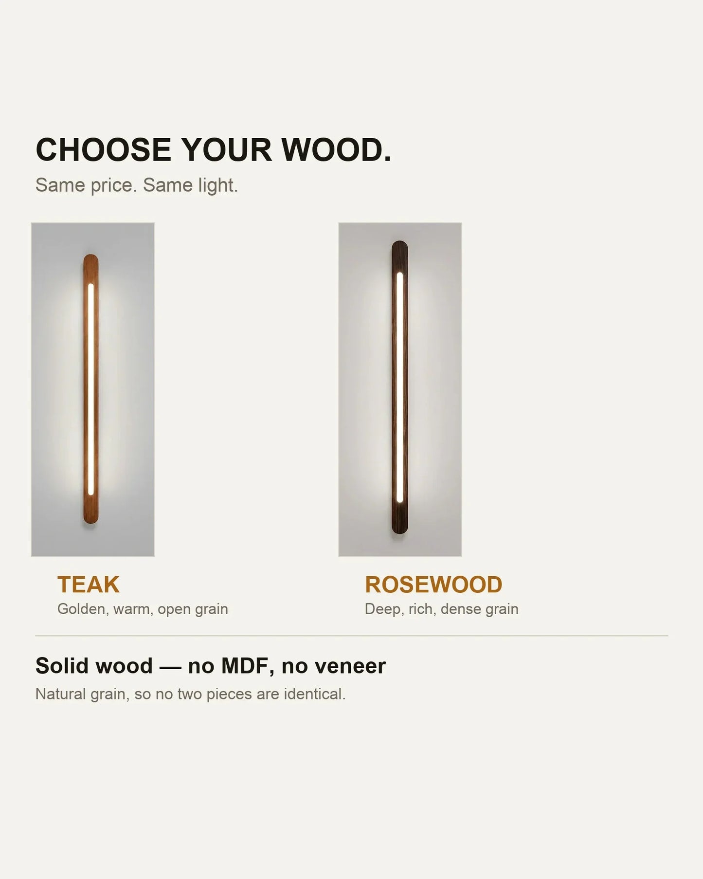 Teak and rosewood versions of the NixWoods Vertical Wooden Wall Light side by side, both ₹6,999