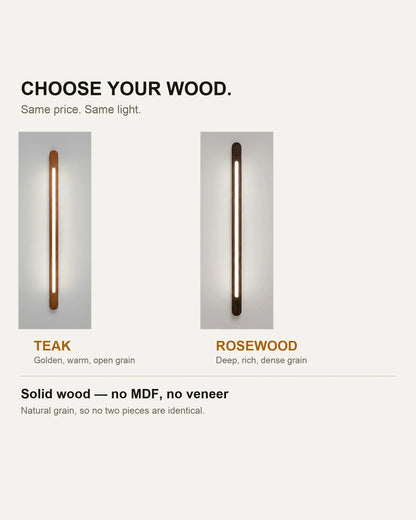 Teak and rosewood versions of the NixWoods Vertical Wooden Wall Light side by side, both ₹6,999