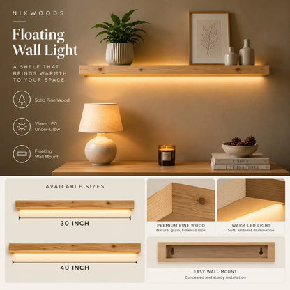 Pine Solid Wood Floating Wall Light – Minimal Wall Sconce Shelf | NixWoods NixWoods