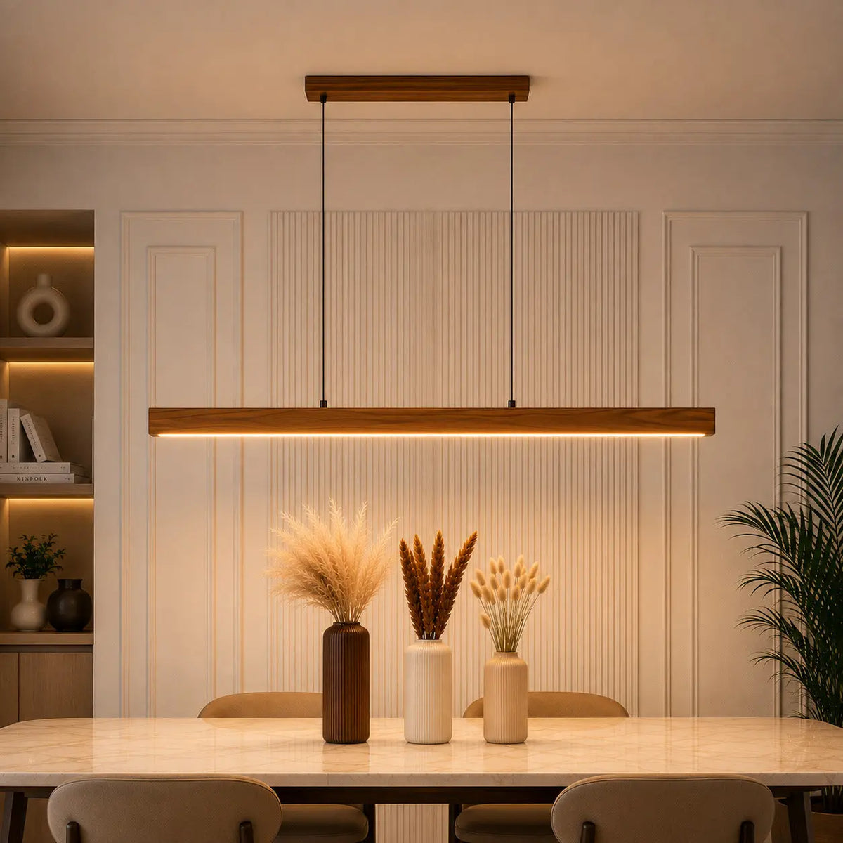 Teak Ceiling Light for Dining and Kitchen above a marble table with dried grass vases