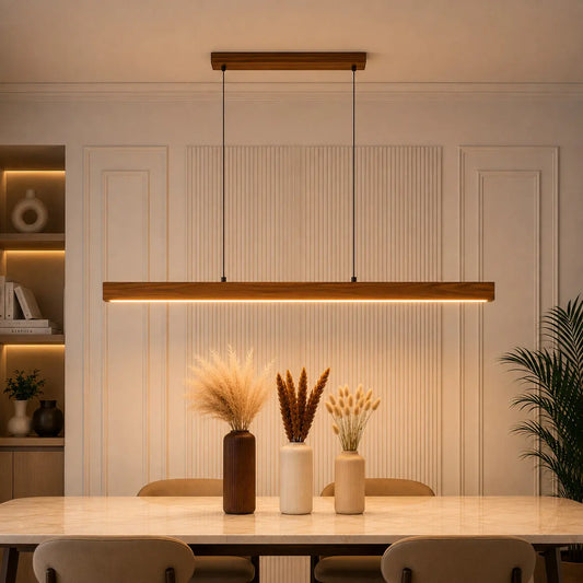 Teak Ceiling Light for Dining and Kitchen above a marble table with dried grass vases