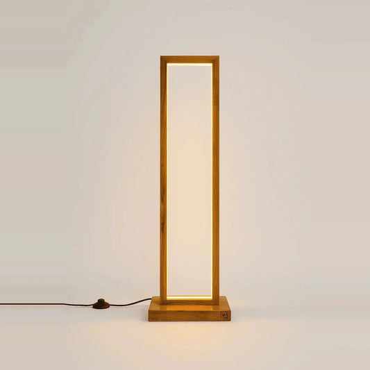 Tall Teak Wood Floor Lamp shown in full — open solid teak frame with warm dimmable LED on a pale studio backdrop