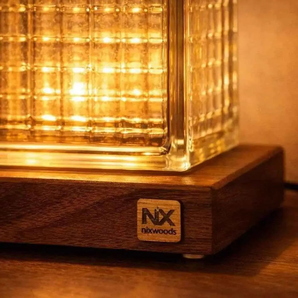 Rubik's Cube Table Lamp – Handcrafted Sheesham Wood & Warm Glass Light