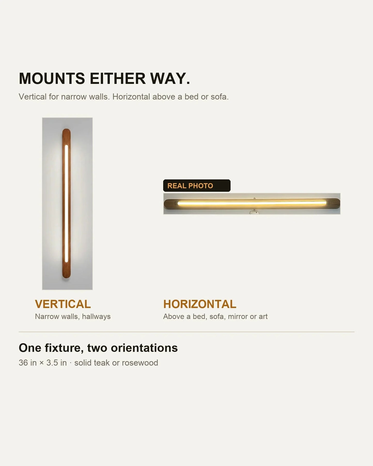 NixWoods Vertical Wooden Wall Light shown mounted vertically and horizontally — one fixture, two orientations