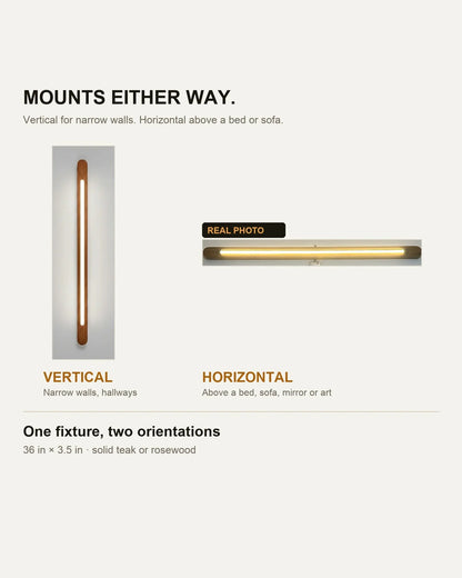 NixWoods Vertical Wooden Wall Light shown mounted vertically and horizontally — one fixture, two orientations
