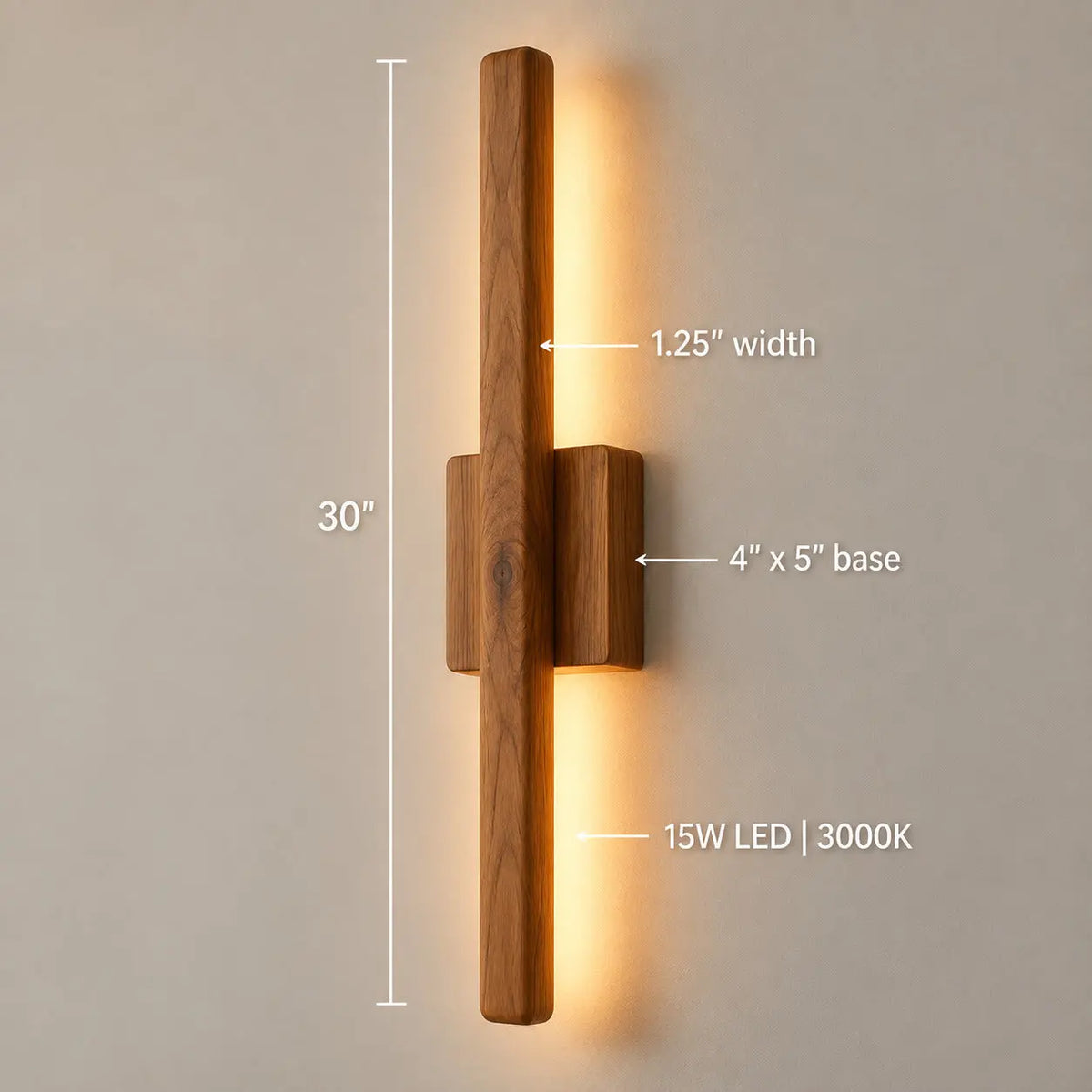 Size chart for the 30-inch vertical wooden wall sconce: 1.25 inch width, 4 by 5 inch base, 15W 3000K LED