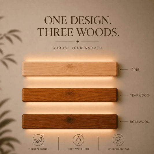 Nix Line 30-inch wood LED wall light shown in pine, teak and rosewood finishes — NixWoods