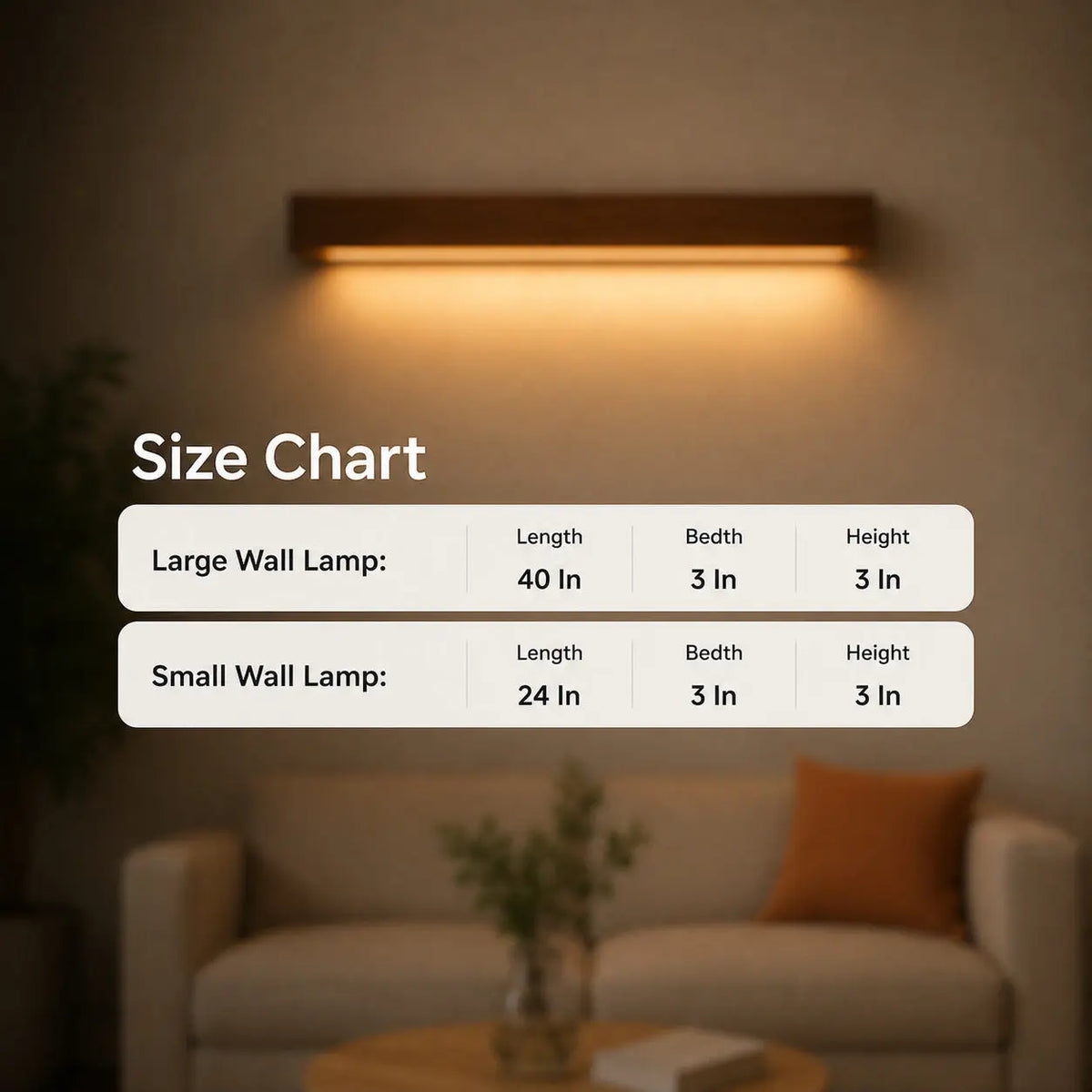 Wooden wall light size chart with 40 inch large and 24 inch small, 3 inch deep