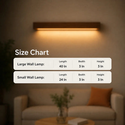 Wooden wall light size chart with 40 inch large and 24 inch small, 3 inch deep