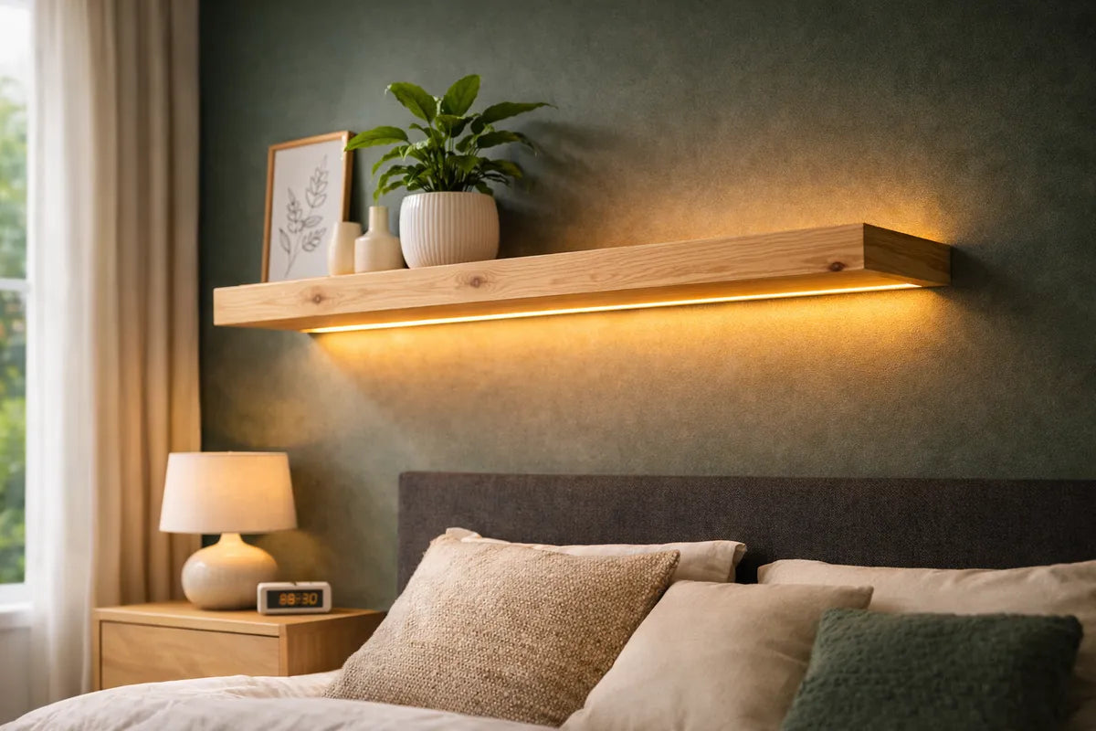 Pine Solid Wood LED Wall Light – Minimal Floating Wall Sconce Shelf | Nixwoods