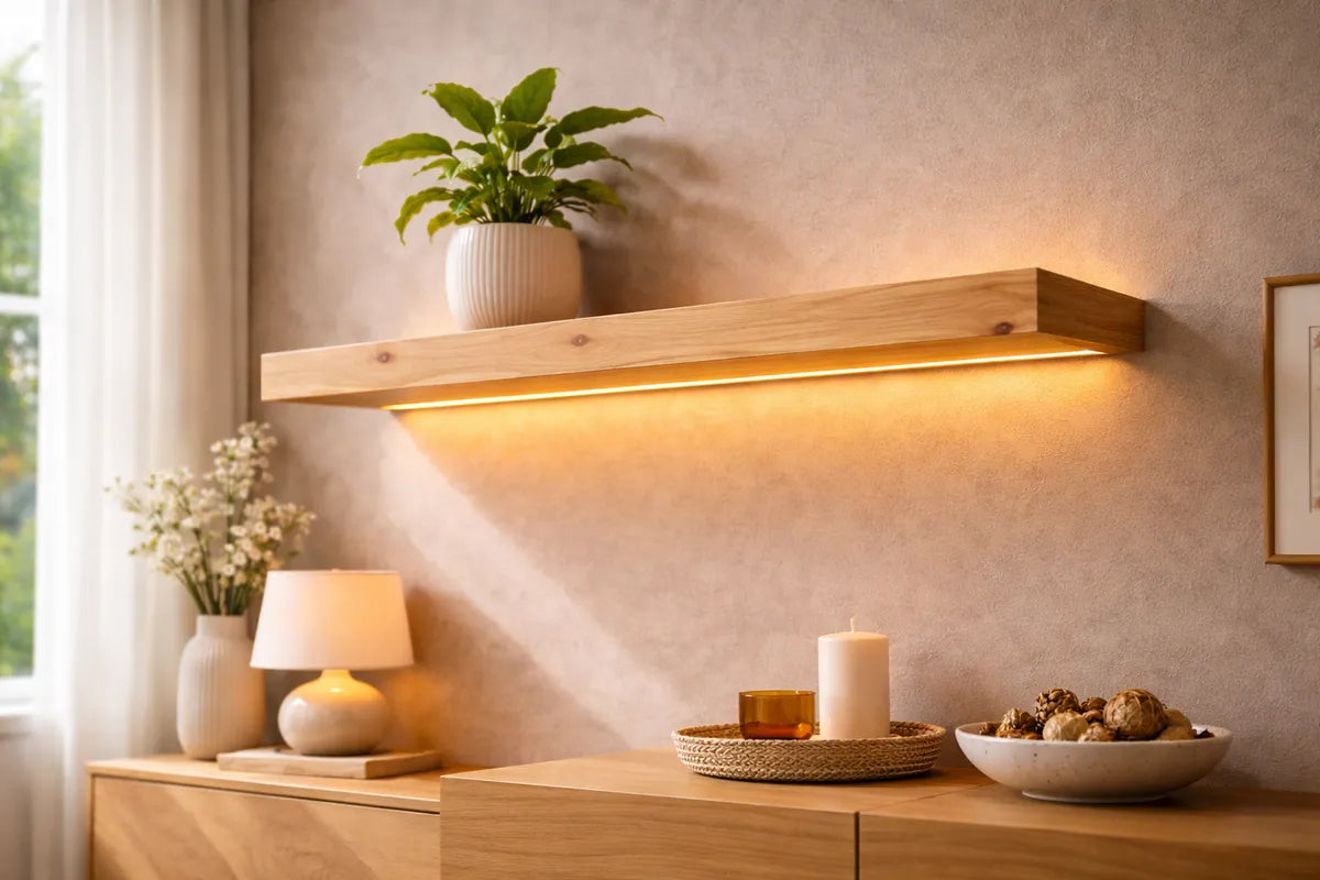 Pine Solid Wood LED Wall Light – Minimal Floating Wall Sconce Shelf | Nixwoods