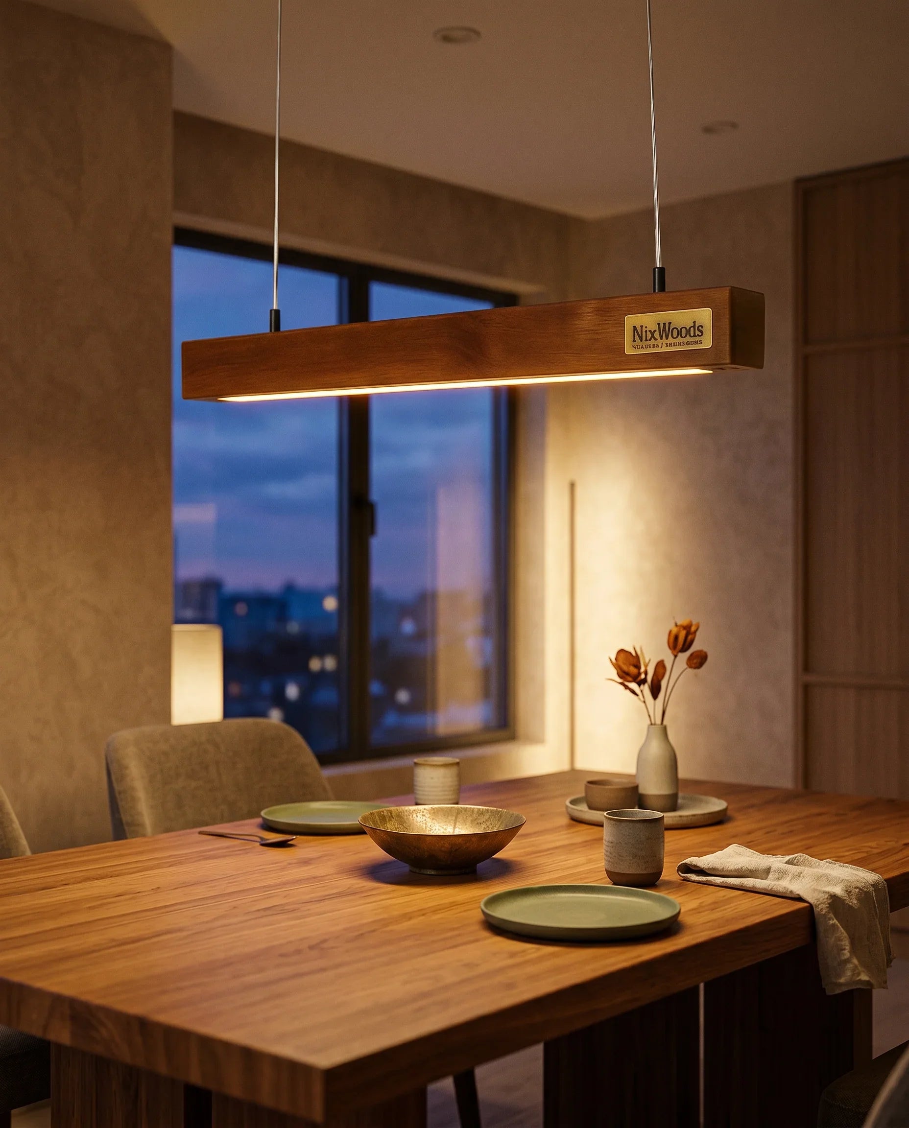 Rosewood Halo pendant light glowing over a styled modern dining table at dusk - NixWoods