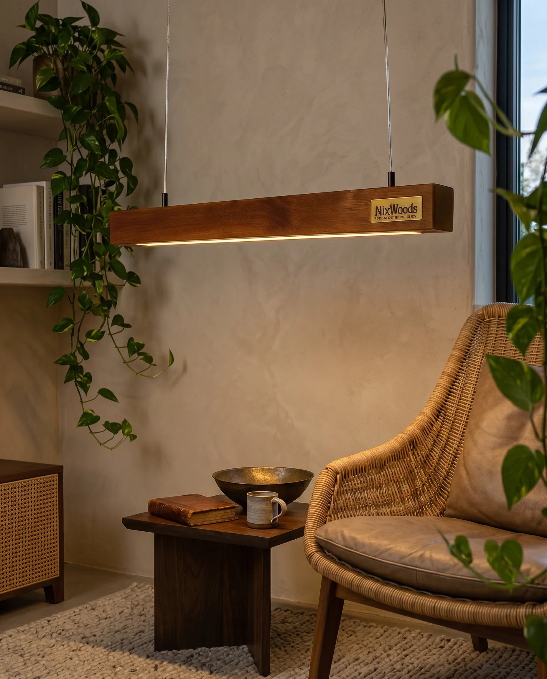 Rosewood Halo pendant light in a cozy reading nook beside a cane chair - NixWoods