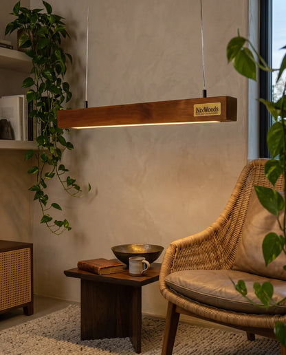 Rosewood Halo pendant light in a cozy reading nook beside a cane chair - NixWoods