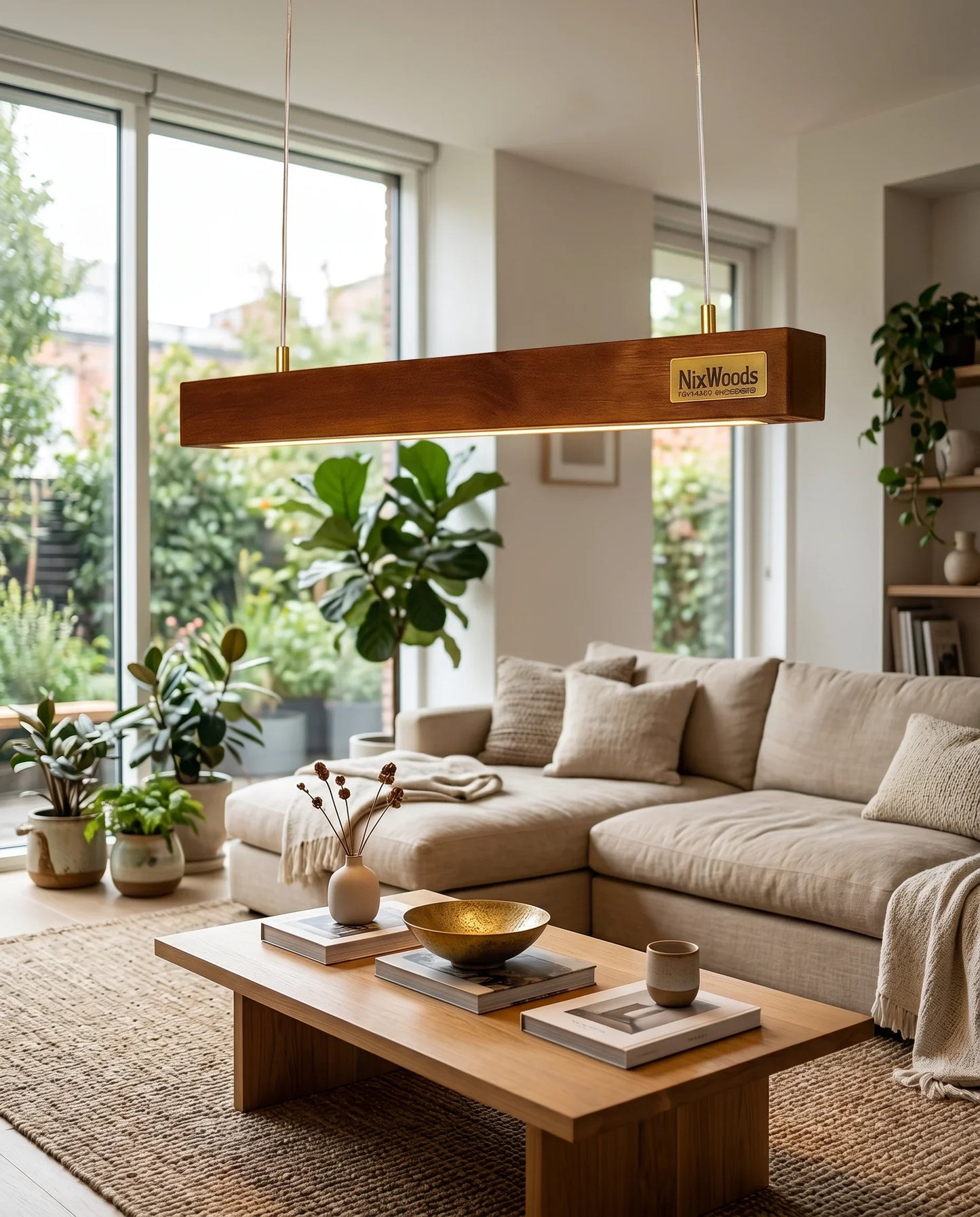 Rosewood Halo pendant light as a focal point in a bright modern living room - NixWoods