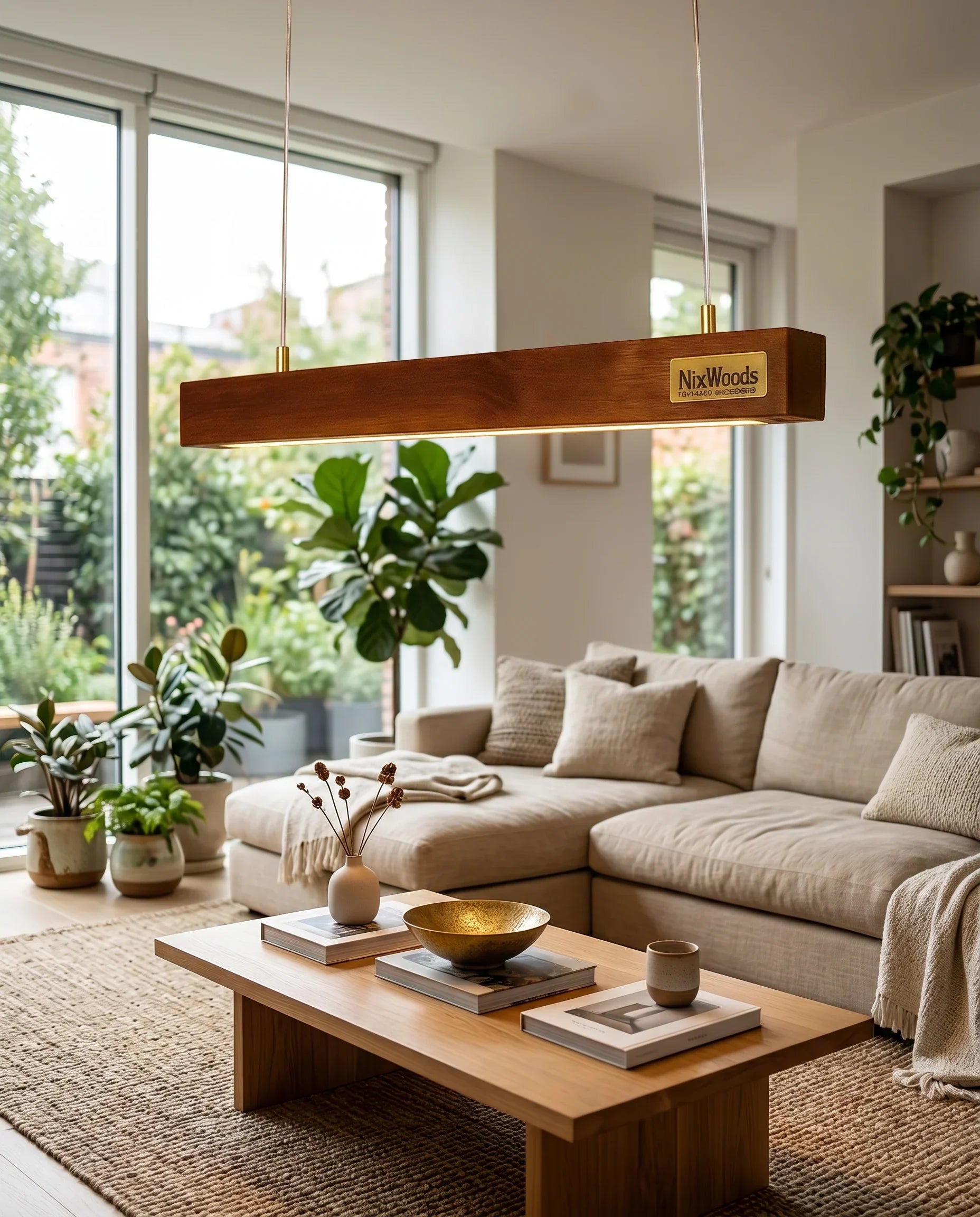 Rosewood Halo pendant light as a focal point in a bright modern living room - NixWoods