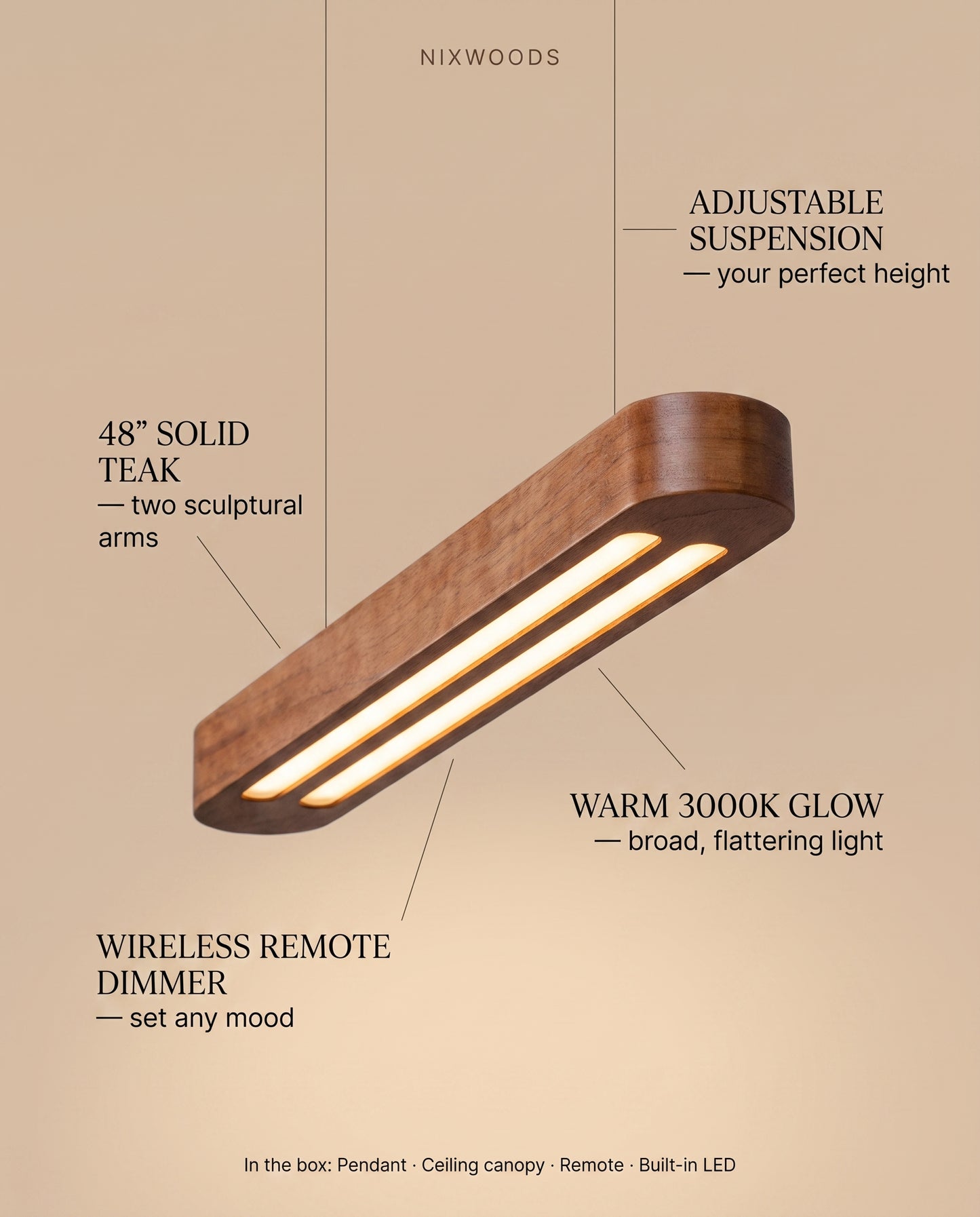 Double Arm Teak Pendant Light feature story: 48-inch solid teak, wireless remote dimmer, adjustable suspension, warm 3000K glow, and what's included - NixWoods