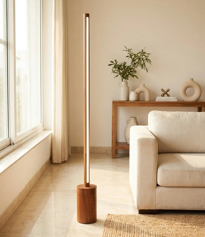 Minimalist rosewood floor lamp styled in a bright, airy modern living room with warm daylight, linen sofa and plant – NixWoods
