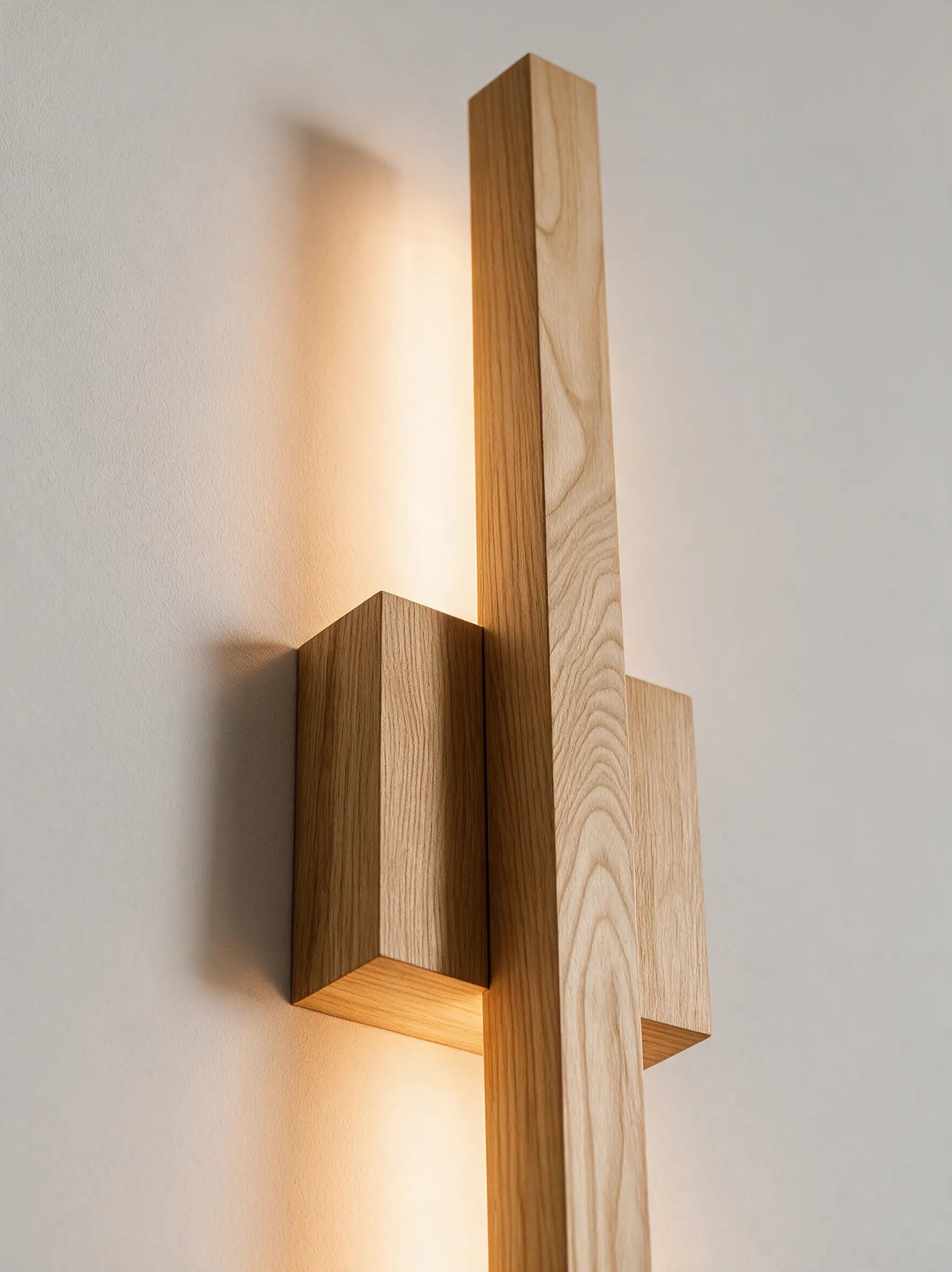 Wooden wall sconce detail showing wood grain and precision joinery at 45 degree angle