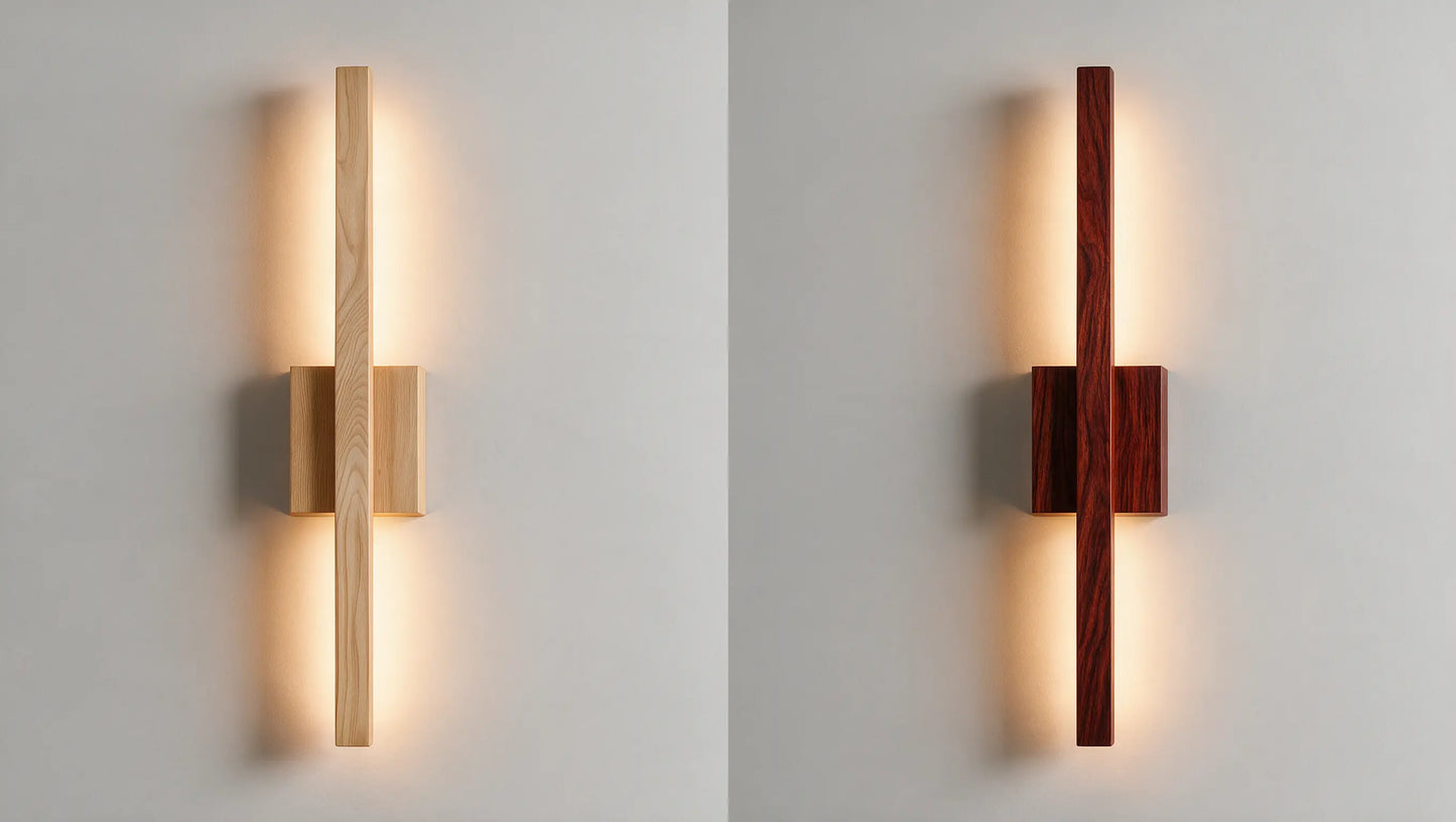 Teak and rosewood wall sconce variants compared side by side