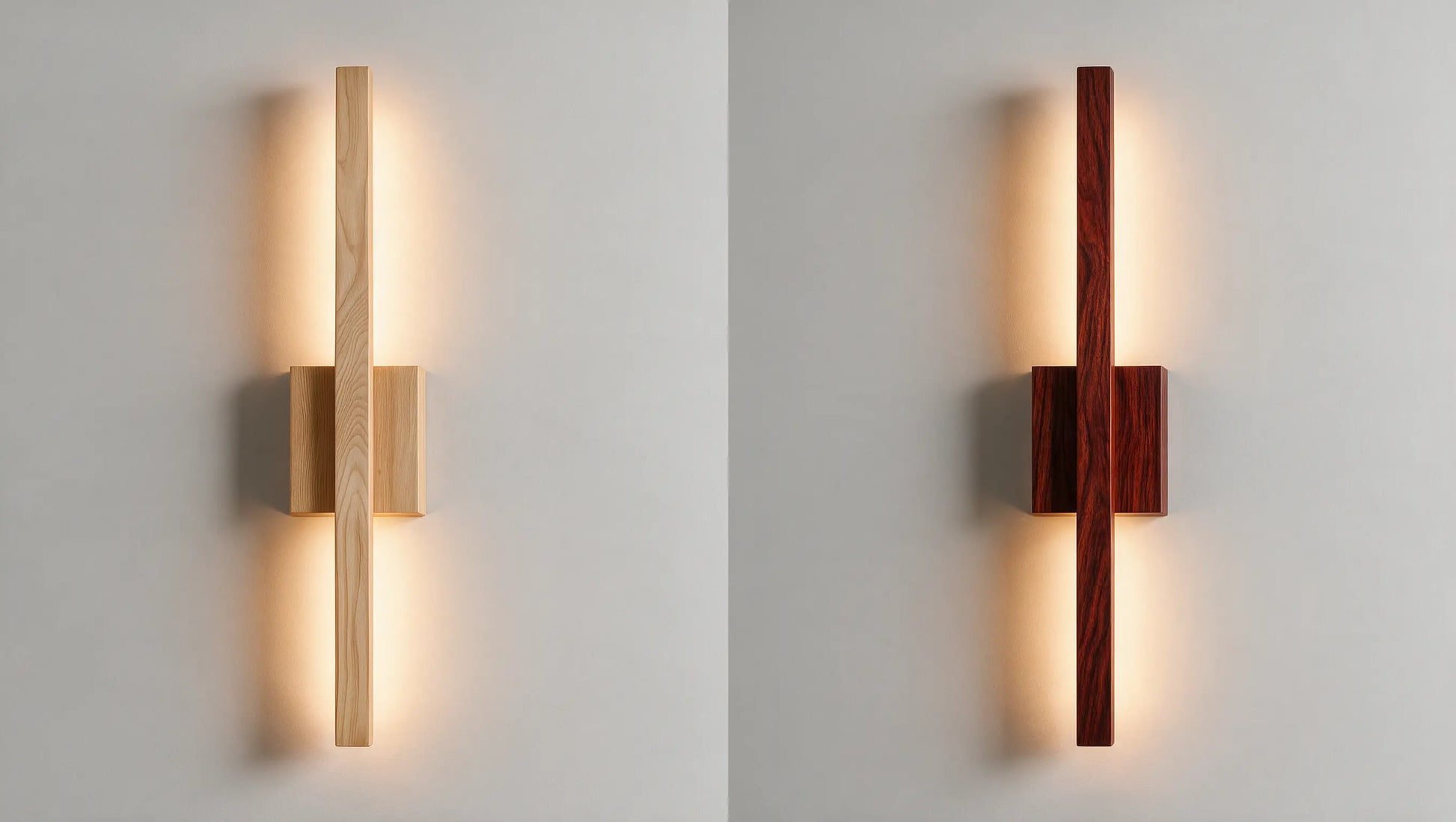 Teak and rosewood wall sconce variants compared side by side