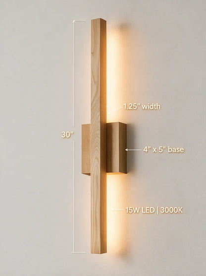 Wall sconce dimensions 30 inch length 1.25 inch width 4x5 base LED specifications
