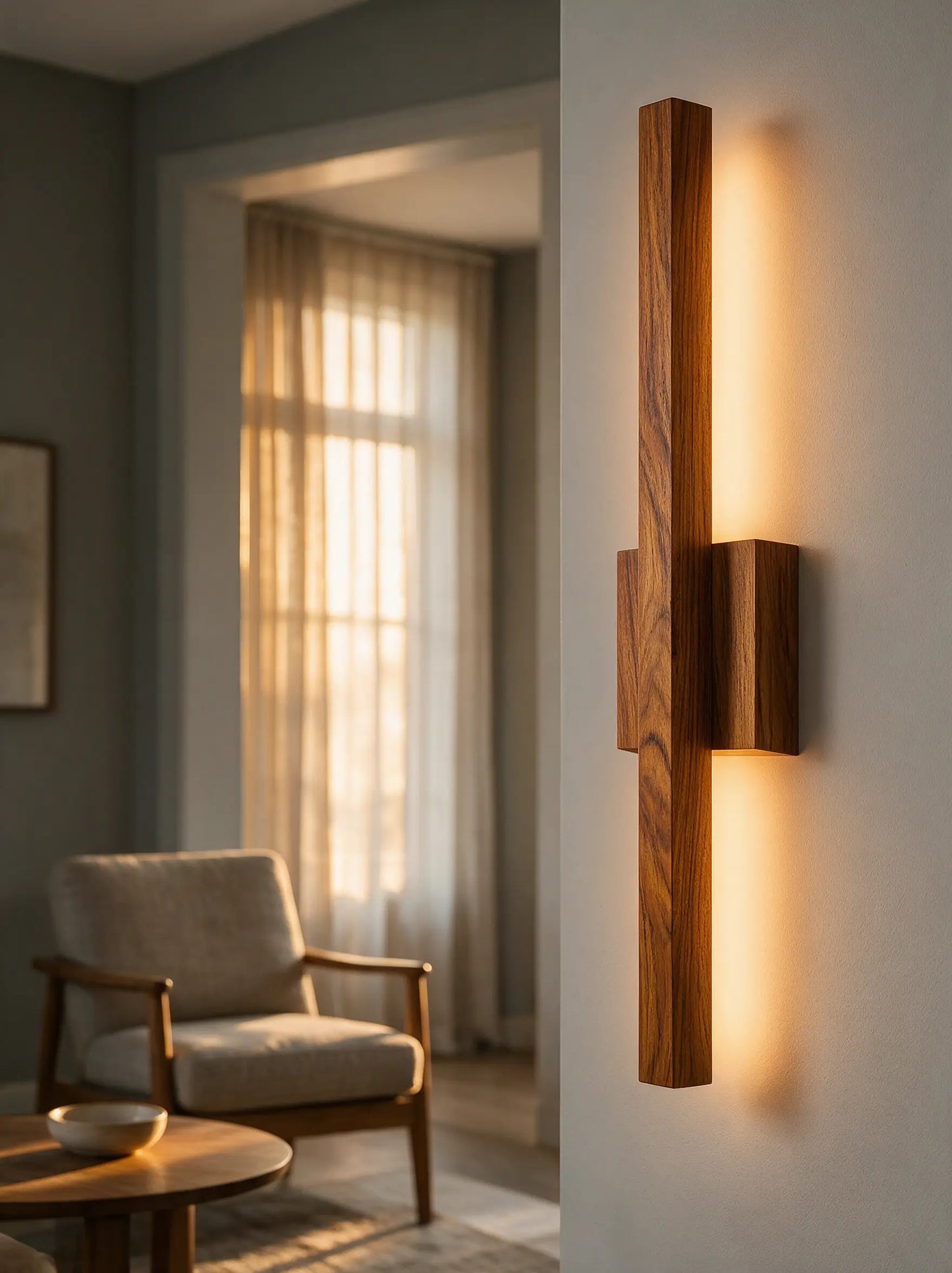 Teak wooden wall sconce mounted in modern living room with warm ambient LED light