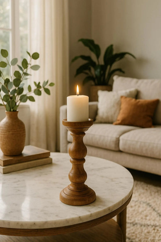 Candle in a wooden holder on a marble coffee table with a couch and plants in the background