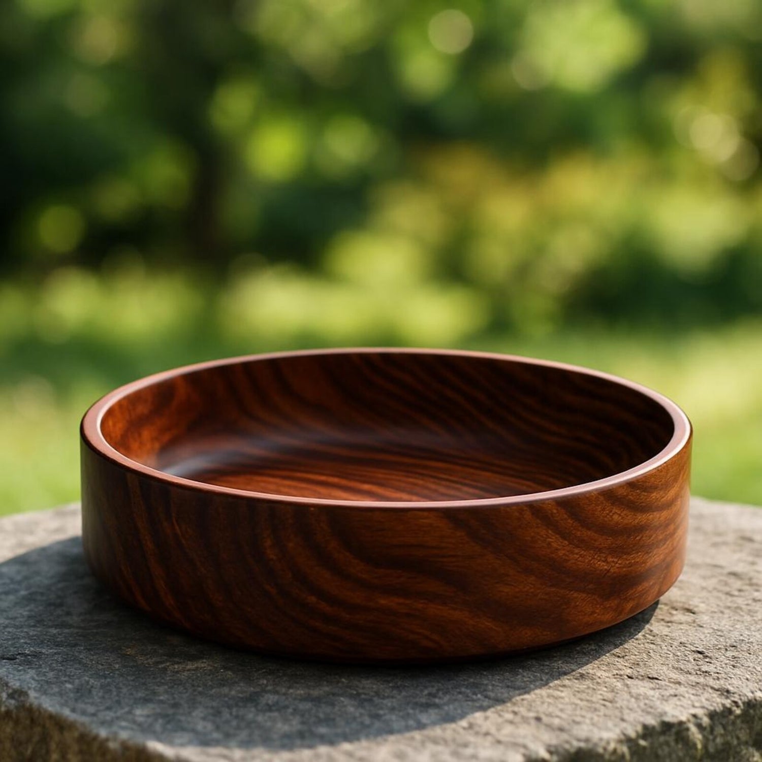 Wooden bowl on a stone surface with a blurred green background