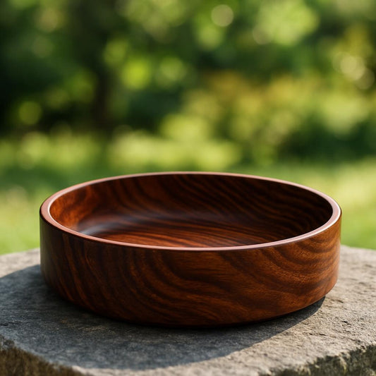 Wooden bowl on a stone surface with a blurred green background