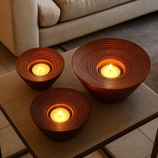 Rosewood Candle Holder – Sculpted Bowl Set of 3 for Ambient Lighting
