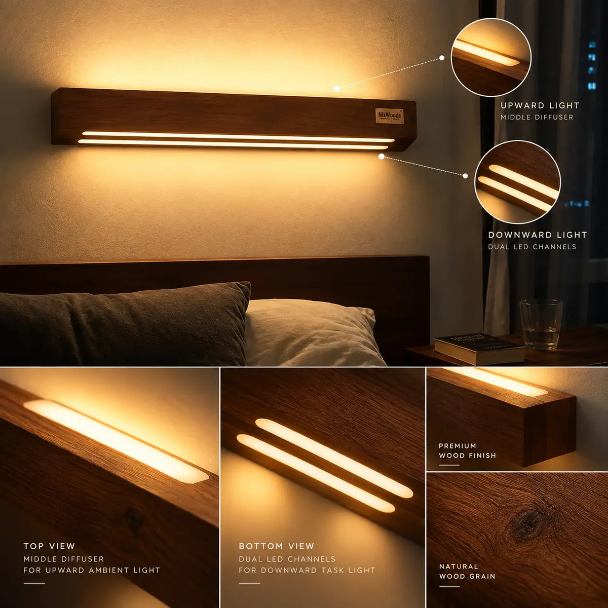 Compact wall light diagram: upward and downward light channels with top and bottom view insets