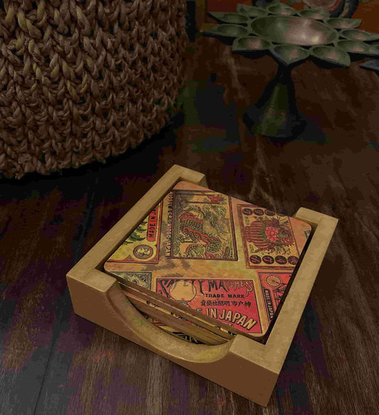 Vintage Japanese Matchbox Label Coaster Set - NixWoods