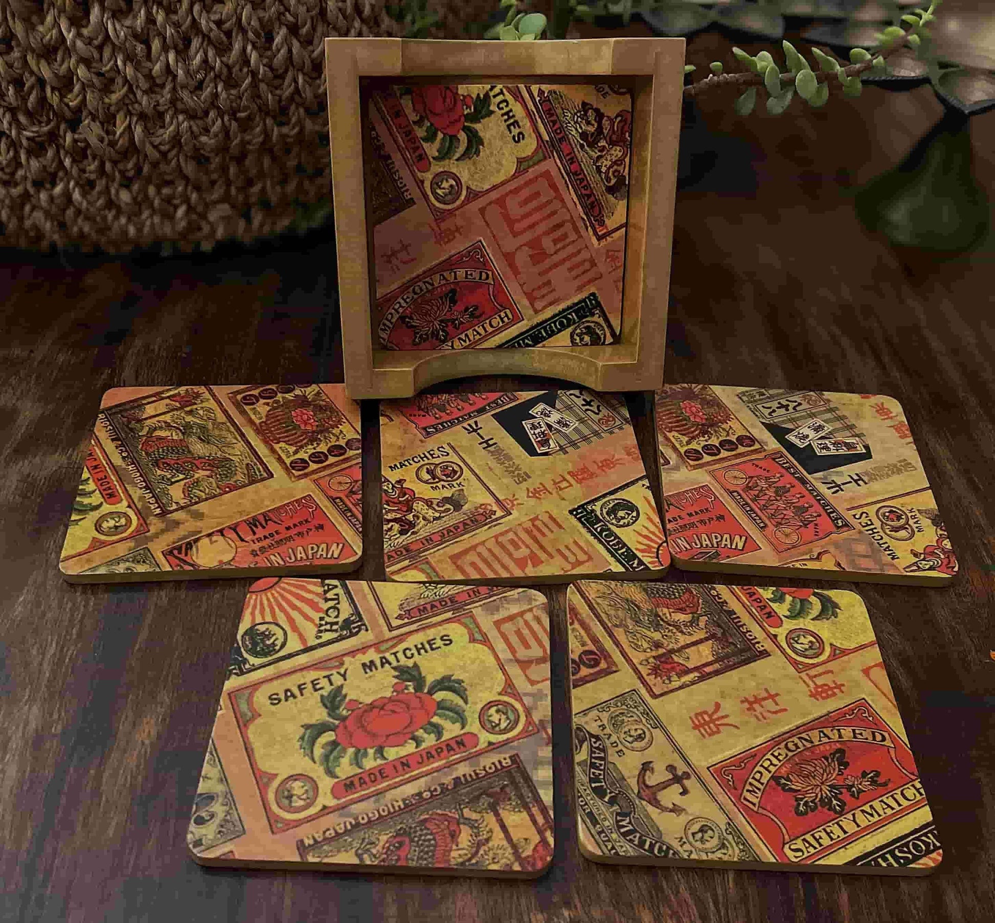 Vintage Japanese Matchbox Label Coaster Set - NixWoods