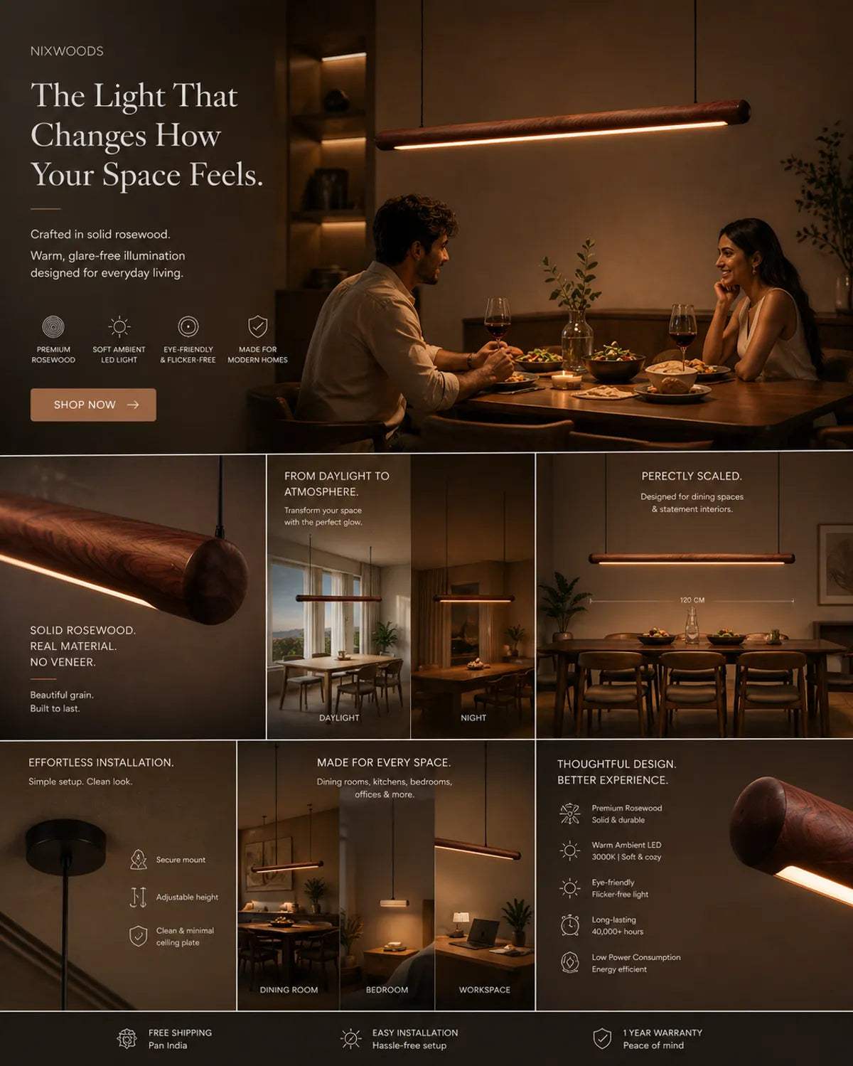 Close-up side view of Scandinavian rosewood round pendant light showing natural wood grain
