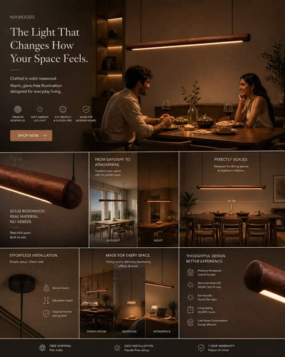 Close-up side view of Scandinavian rosewood round pendant light showing natural wood grain