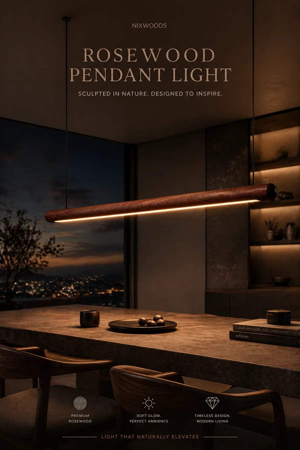 Scandinavian rosewood round pendant light hanging above a minimalist dining setup