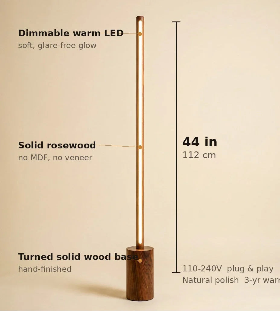 NixWoods solid rosewood floor lamp centered with 44 in / 112 cm measurement and key specs called out around it — dimmable warm LED, solid rosewood, turned wood base, 110–240V, 3-year warranty