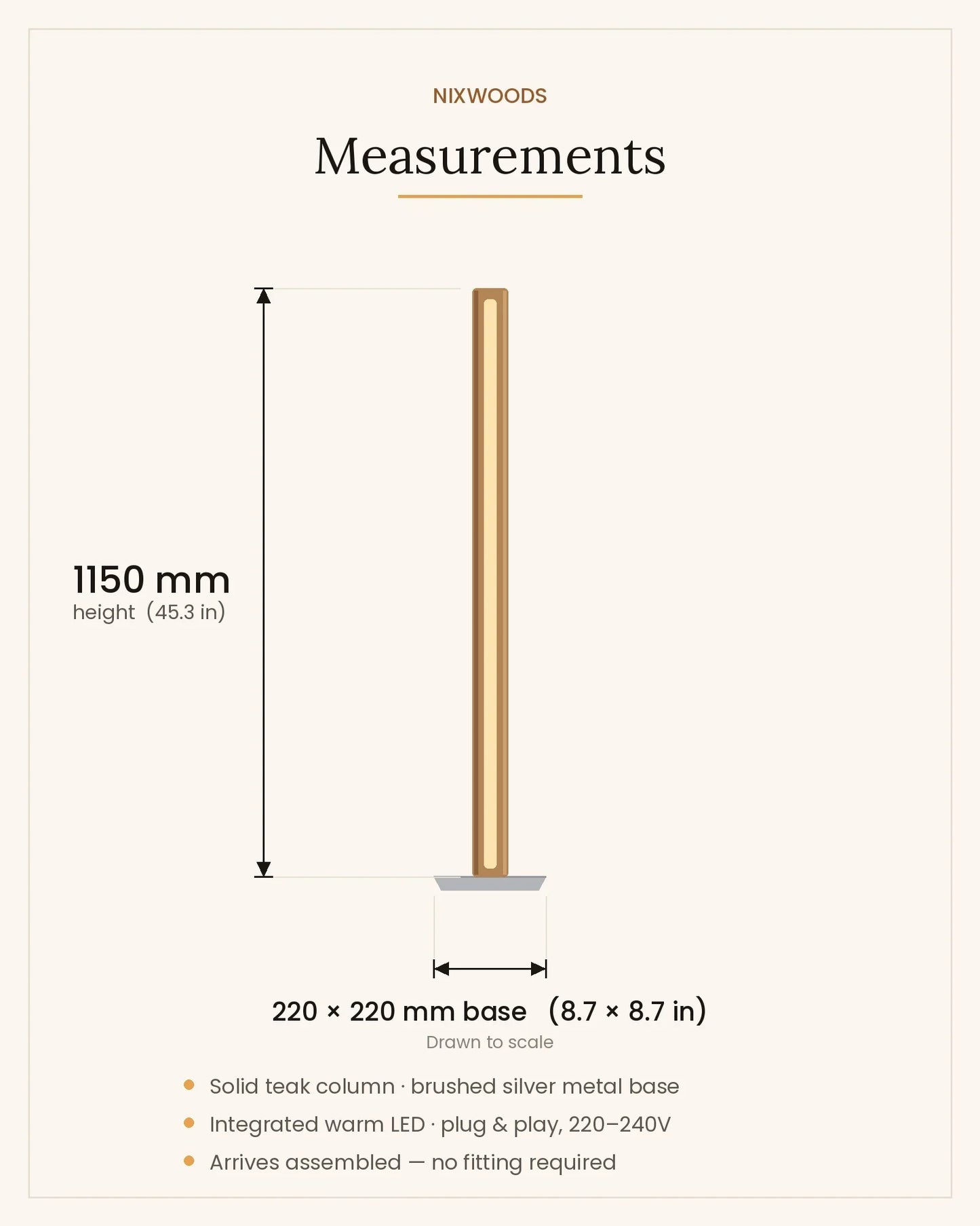 Measurement diagram for the Scandinavian Teak Linear Floor Lamp drawn to scale: 1150 mm (45.3 in) tall with a 220 x 220 mm (8.7 x 8.7 in) brushed silver base