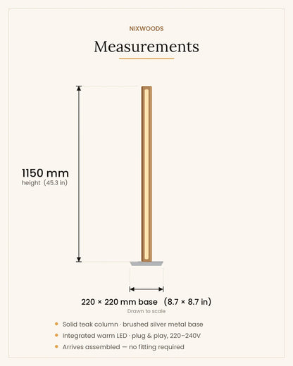 Measurement diagram for the Scandinavian Teak Linear Floor Lamp drawn to scale: 1150 mm (45.3 in) tall with a 220 x 220 mm (8.7 x 8.7 in) brushed silver base