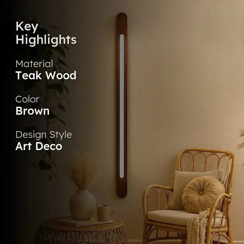 Vertical wooden wall light highlights - teak wood, brown finish, art deco design - NixWoods sconce
