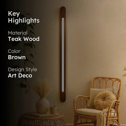 Vertical wooden wall light highlights - teak wood, brown finish, art deco design - NixWoods sconce