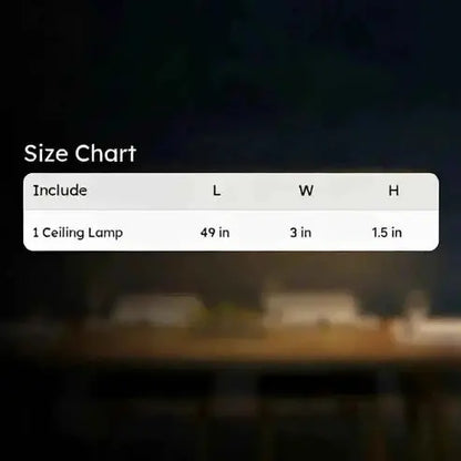 Size chart for the wooden linear pendant: 49 inch length, 3 inch width, 1.5 inch height