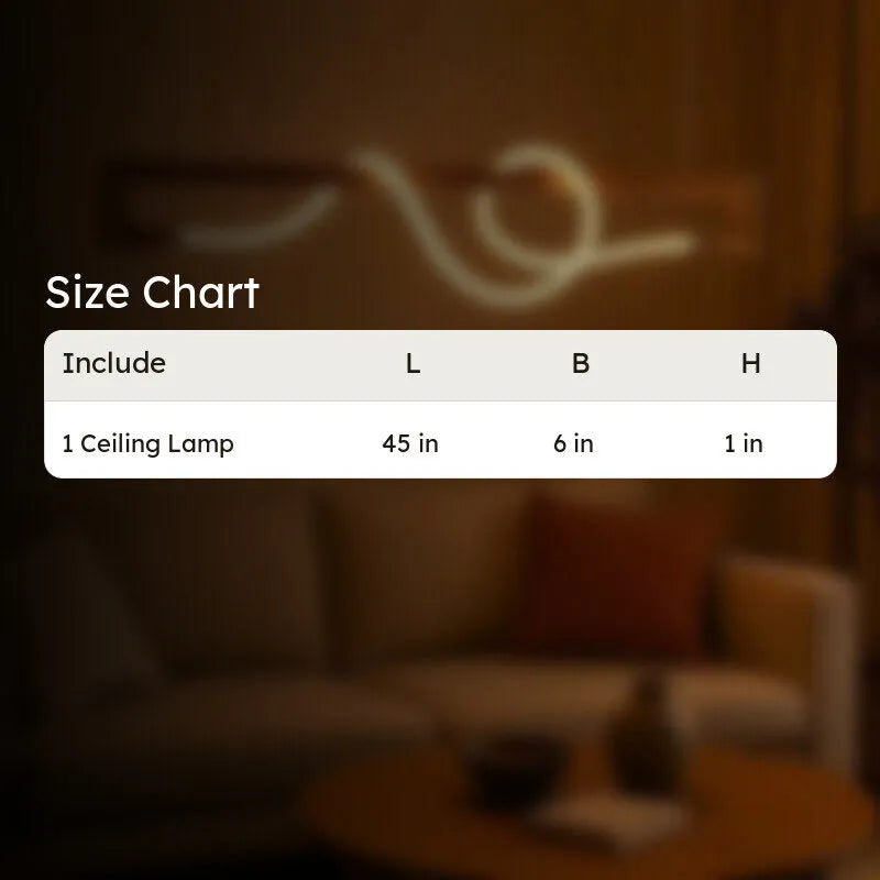 Size chart for the NixWoods curved pendant light - one ceiling lamp, 45 x 6 x 1 inches