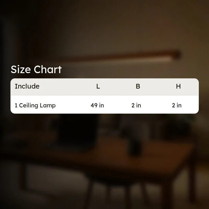 Size chart for the NixWoods linear pendant light - one ceiling lamp, 49 x 2 x 2 inches