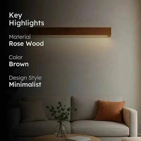 Sheesham wood wall light key highlights card listing brown colour and minimalist style