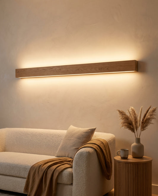 Nix Line solid wood LED wall light mounted horizontally along a living-room wall with warm ambient glow — NixWoods