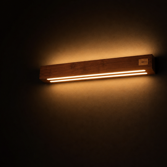 Duo Glow Wooden Wall Light — hero product photograph, dark background with warm gold glow, dual up-and-down light
